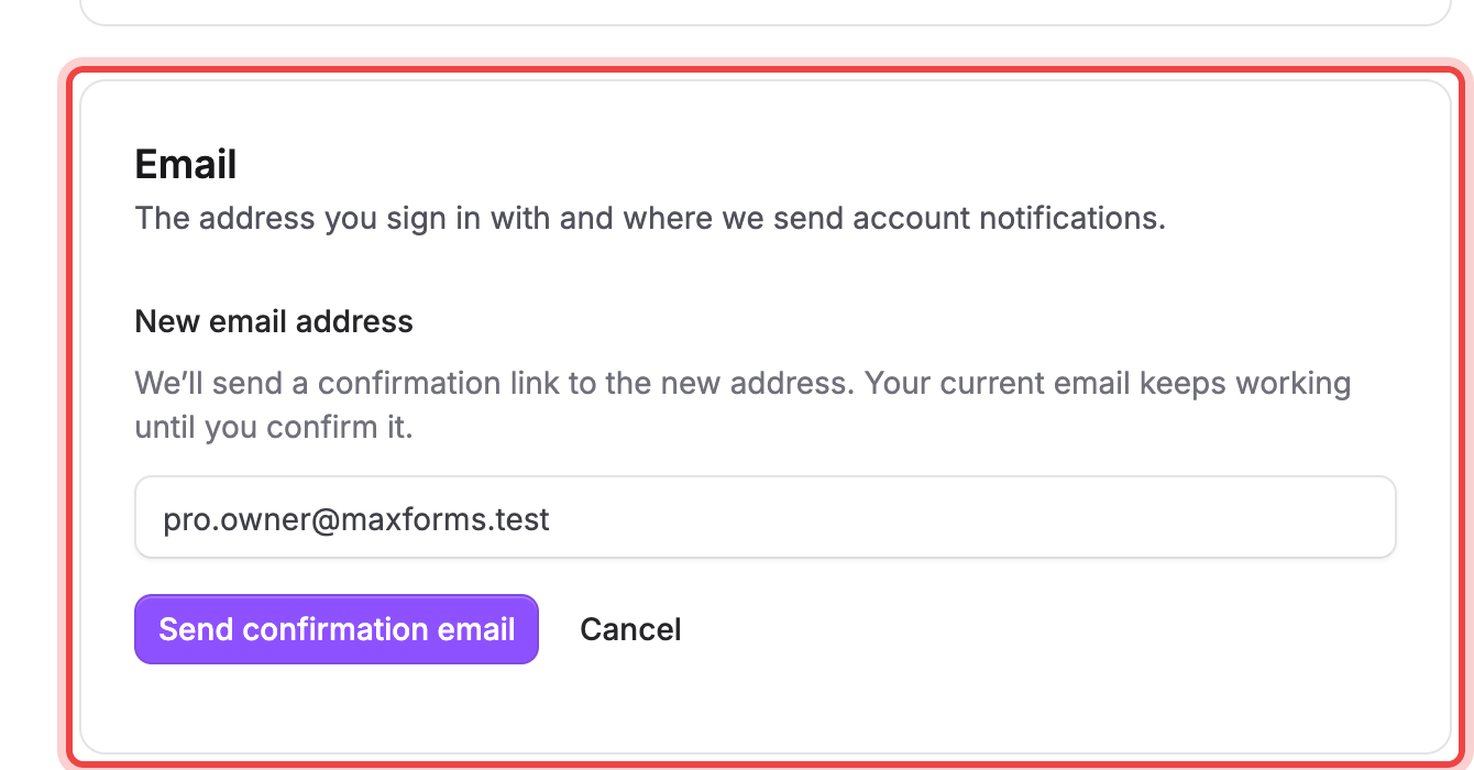 The Email card with the New email address field, and Send confirmation email and Cancel buttons