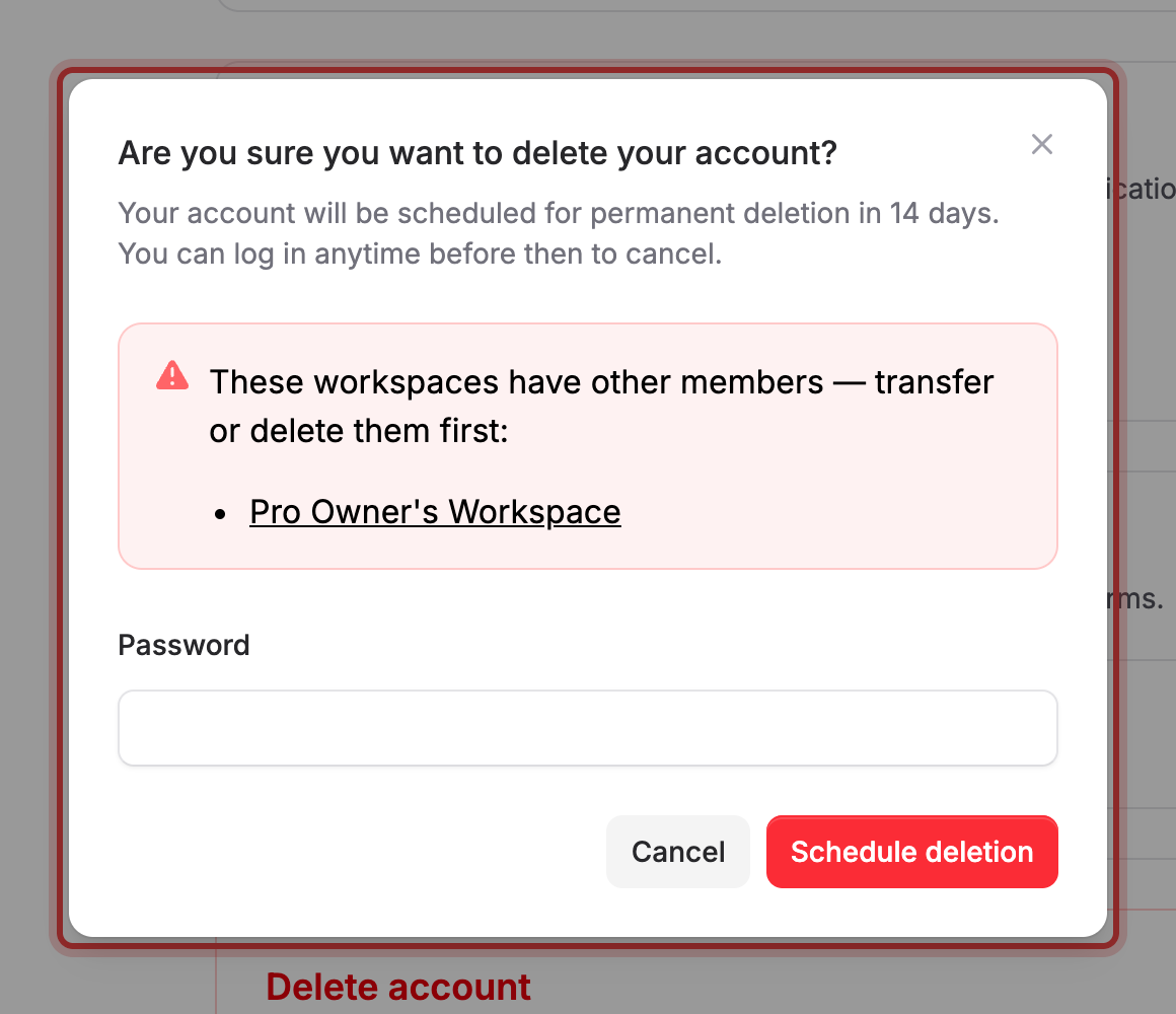 The delete-account confirmation dialog, showing a workspace with other members that must be transferred or deleted first