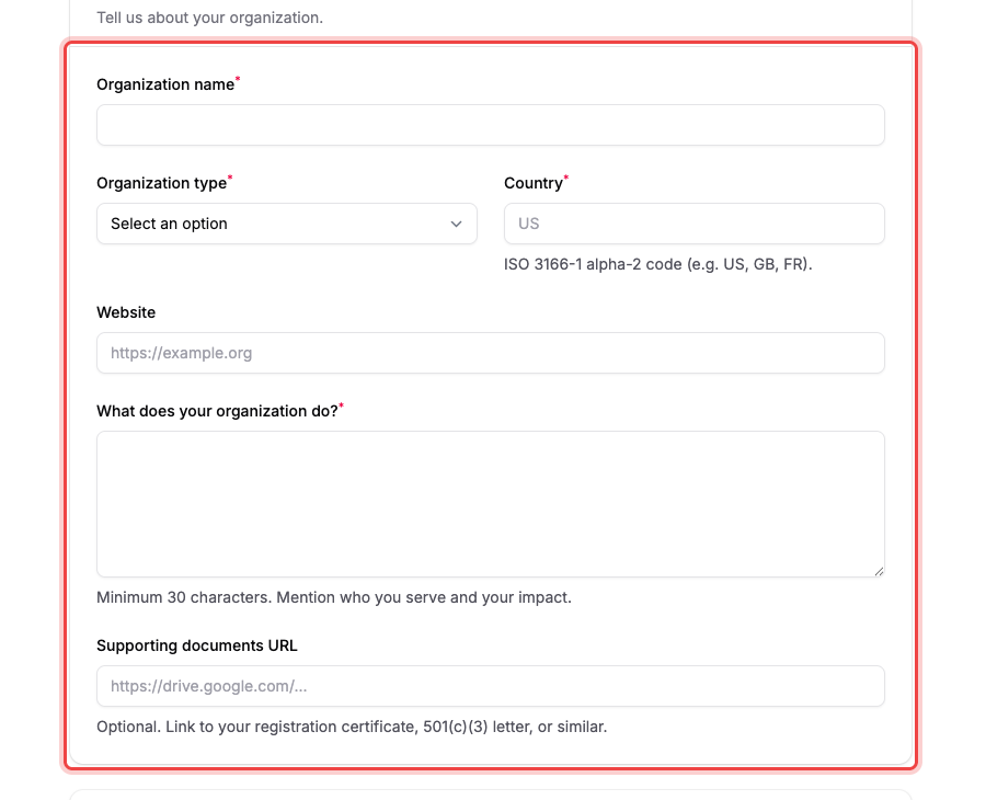 The nonprofit application form's Organization section with all of its fields