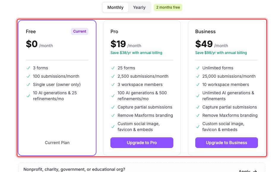 The Free, Pro, and Business plan cards with the Monthly and Yearly switcher above them