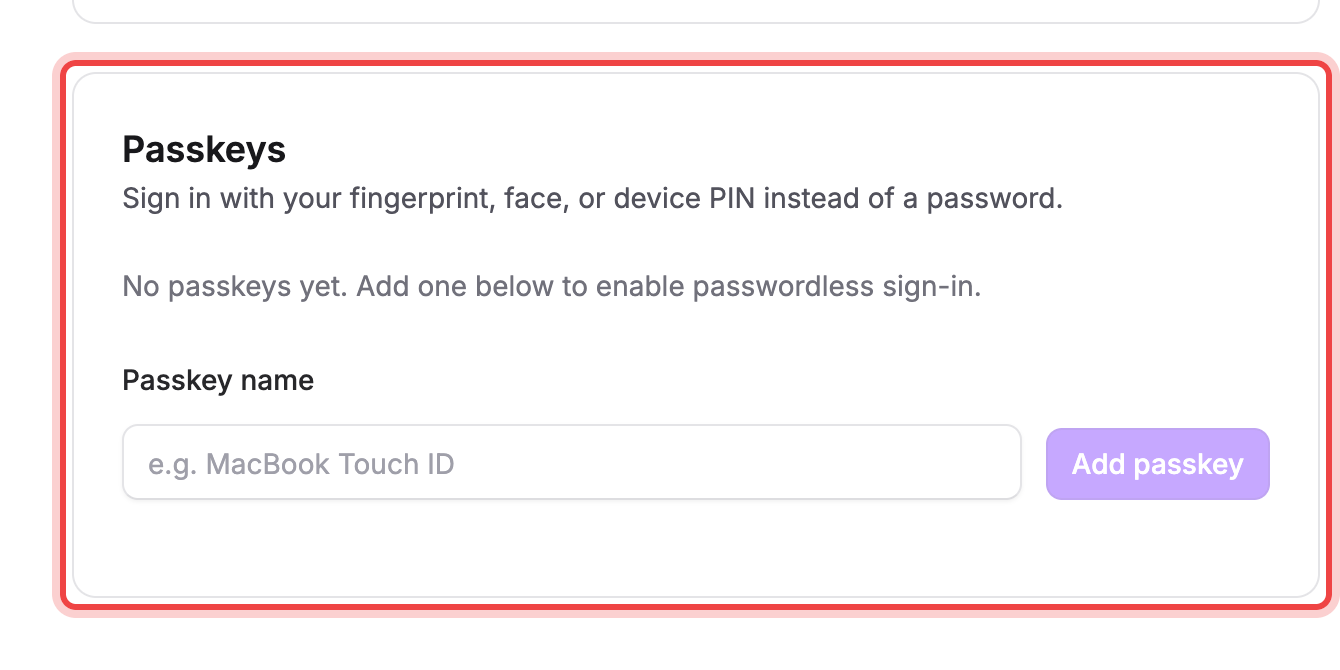 The Passkeys card with the Passkey name field and Add passkey button
