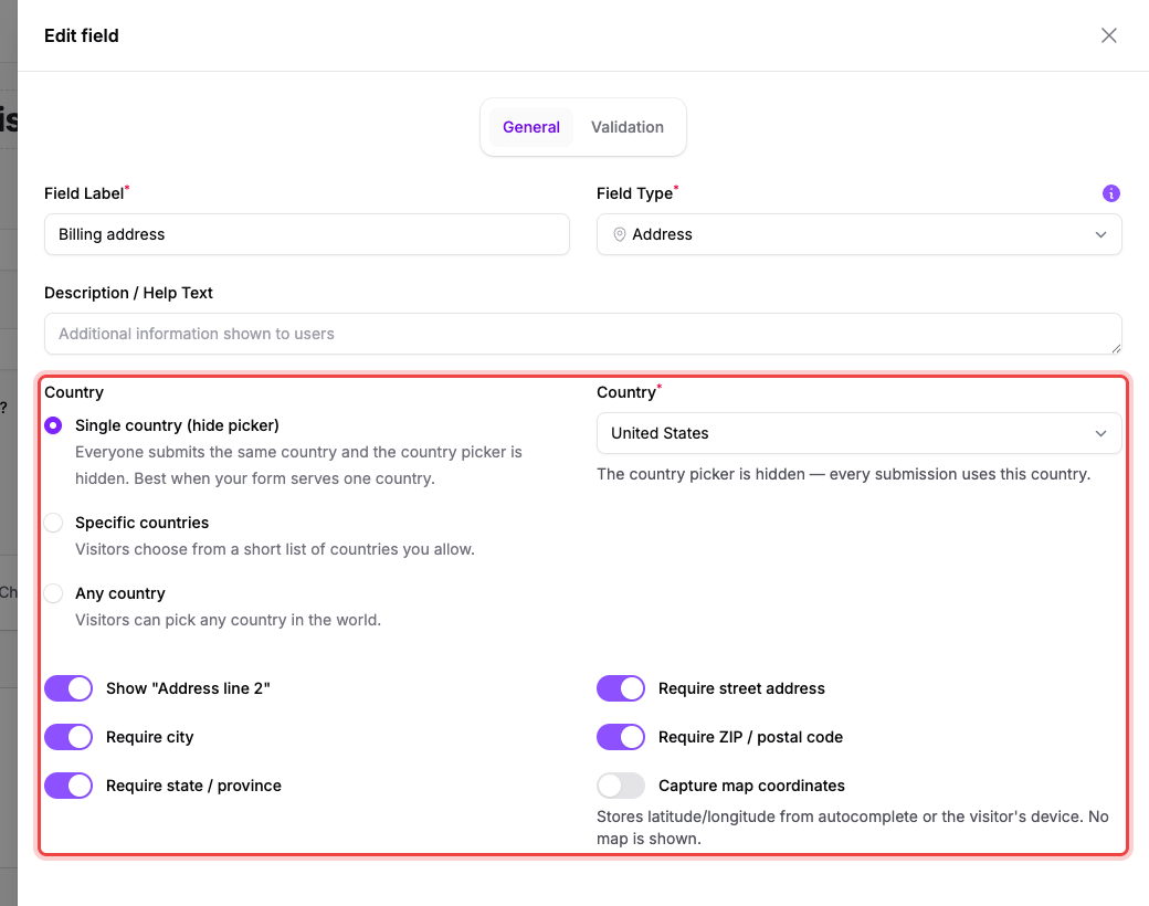 The Address field settings with the country mode options and the sub-field toggles