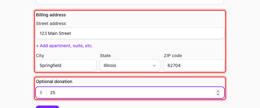 The address and currency fields filled in on the public form