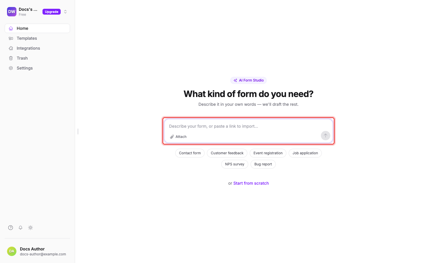AI Form Studio with its prompt box, suggestion chips, and Start from scratch link
