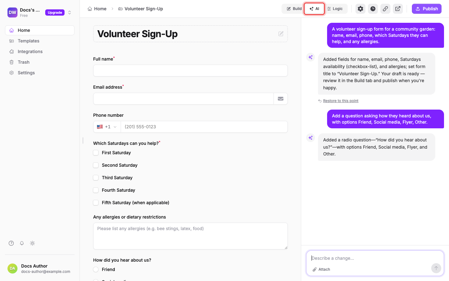 The AI tab with the generated form on the left and the AI conversation on the right