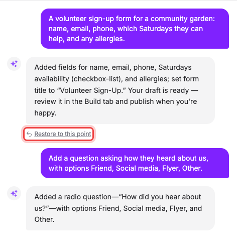 The AI conversation, with Restore to this point under an earlier reply