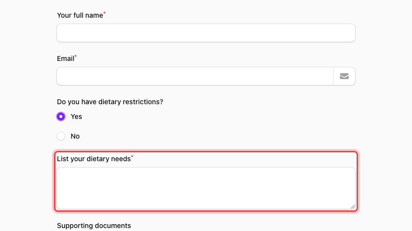 The public form with the follow-up field revealed after choosing Yes