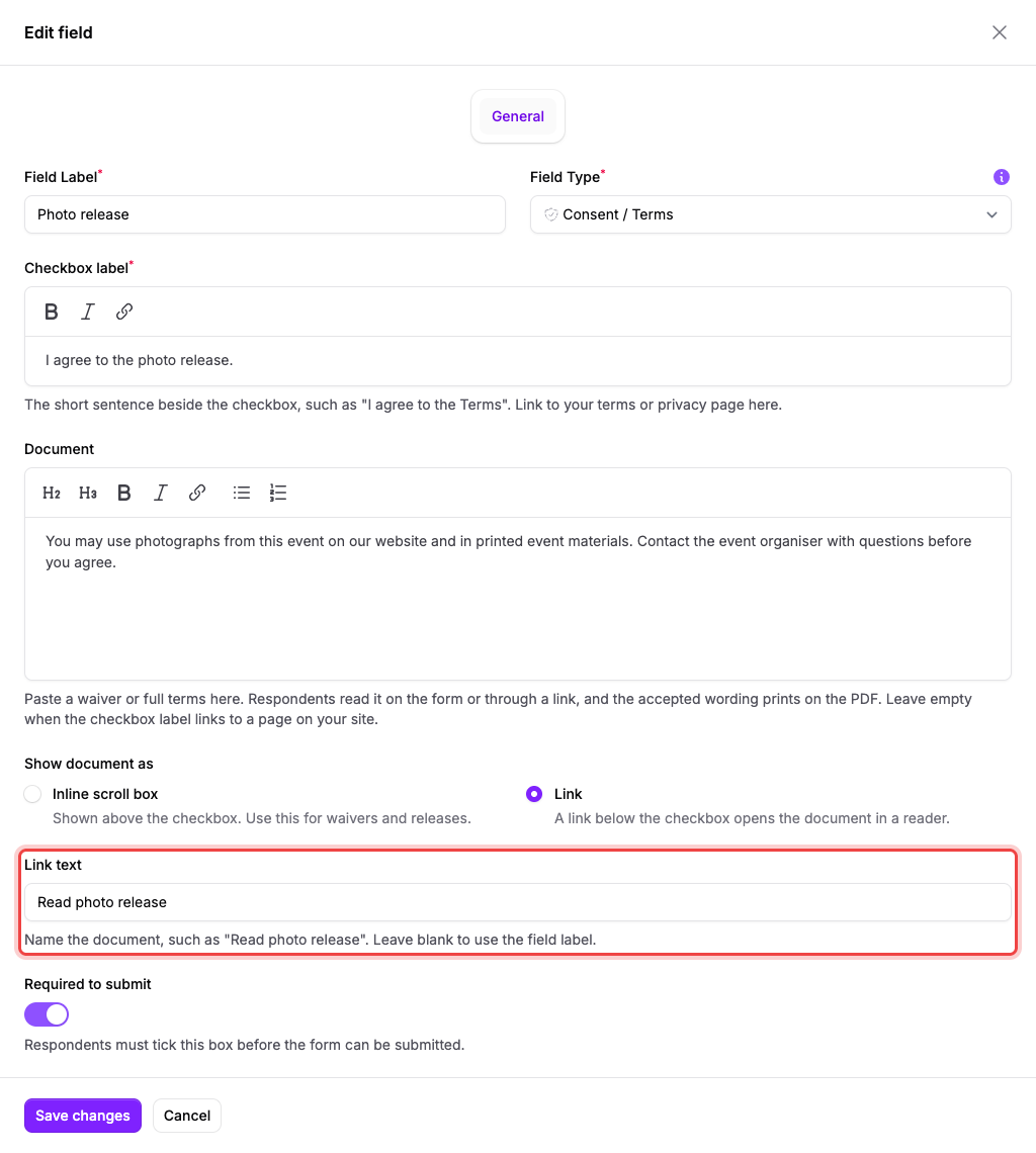 Link text below the document display options in the consent field settings