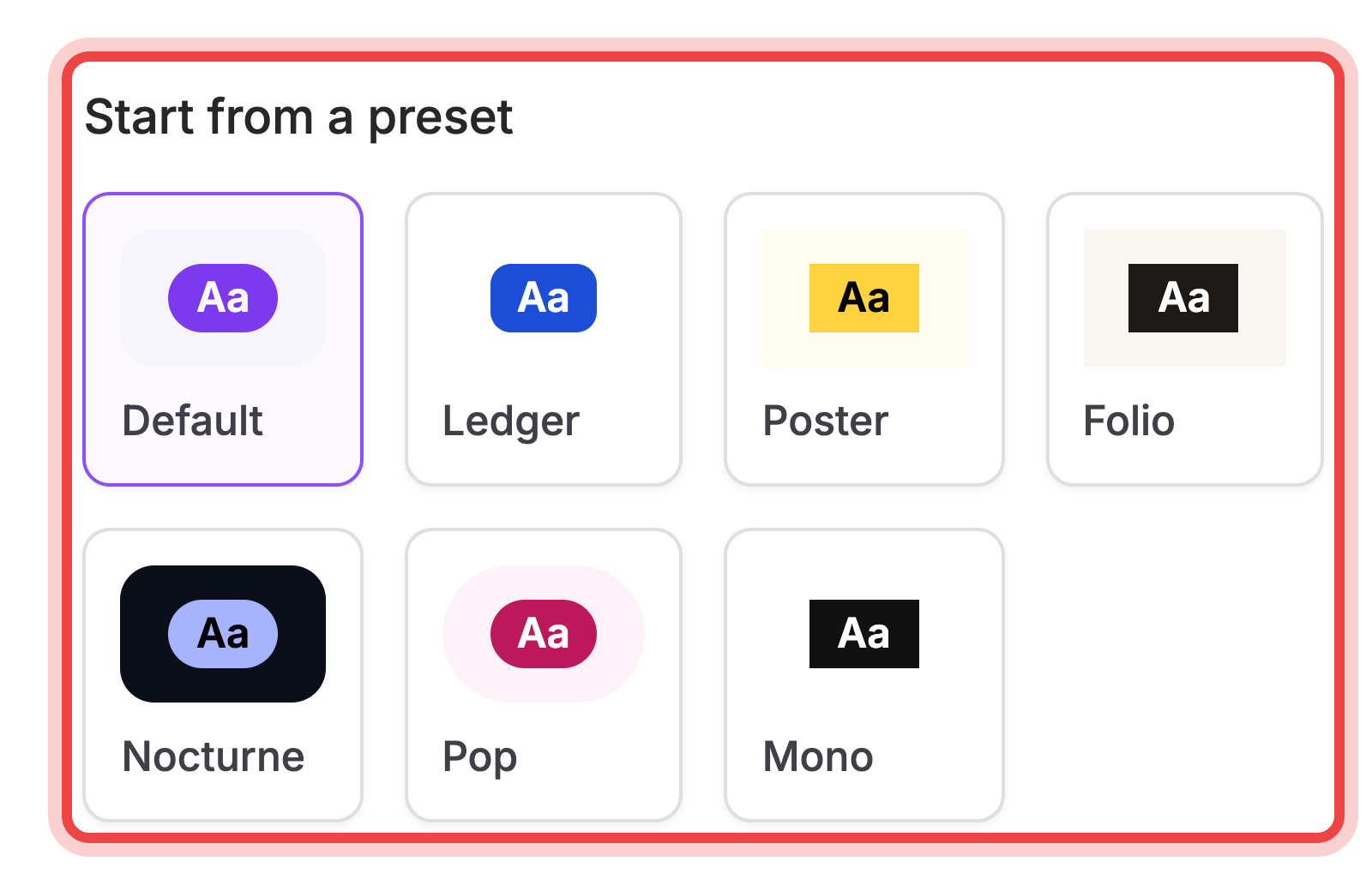 The Start from a preset cards on the Design tab, with Default selected
