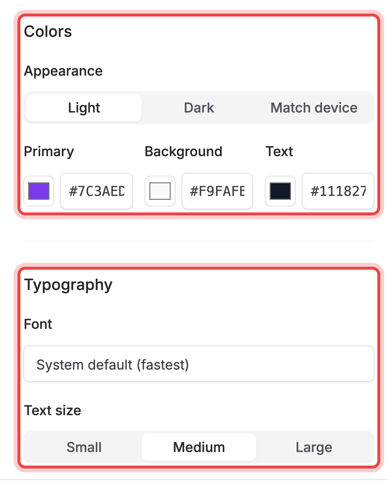 The Colors and Typography sections of the Design tab