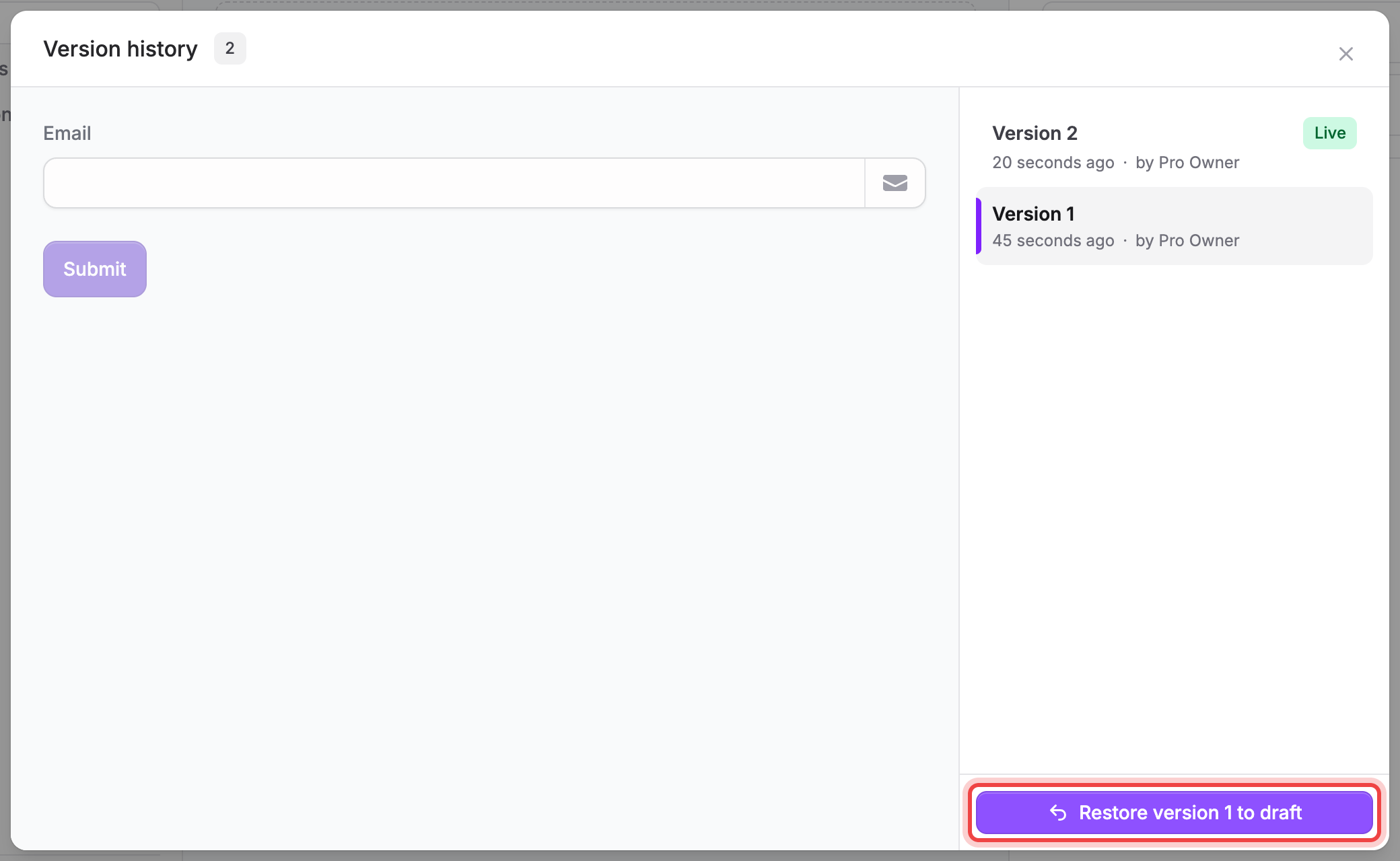 The Version history modal with a past version selected and Restore version 1 to draft highlighted