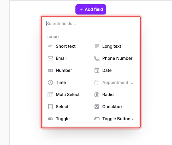 The Add field picker open on the Basic group