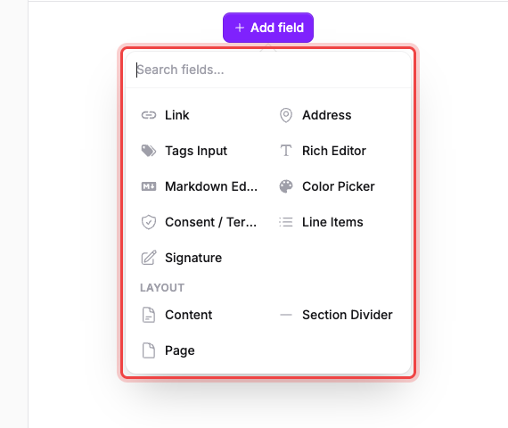 The Add field picker scrolled to the Advanced and Layout groups