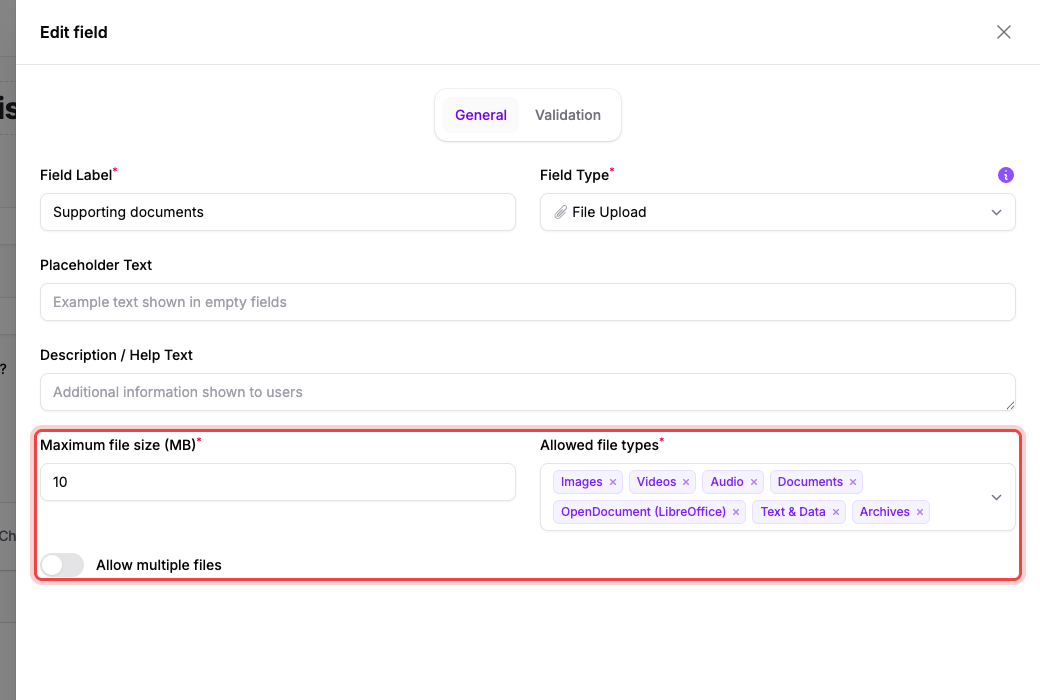 The File Upload field's settings: maximum file size, allowed file types, and allow multiple files