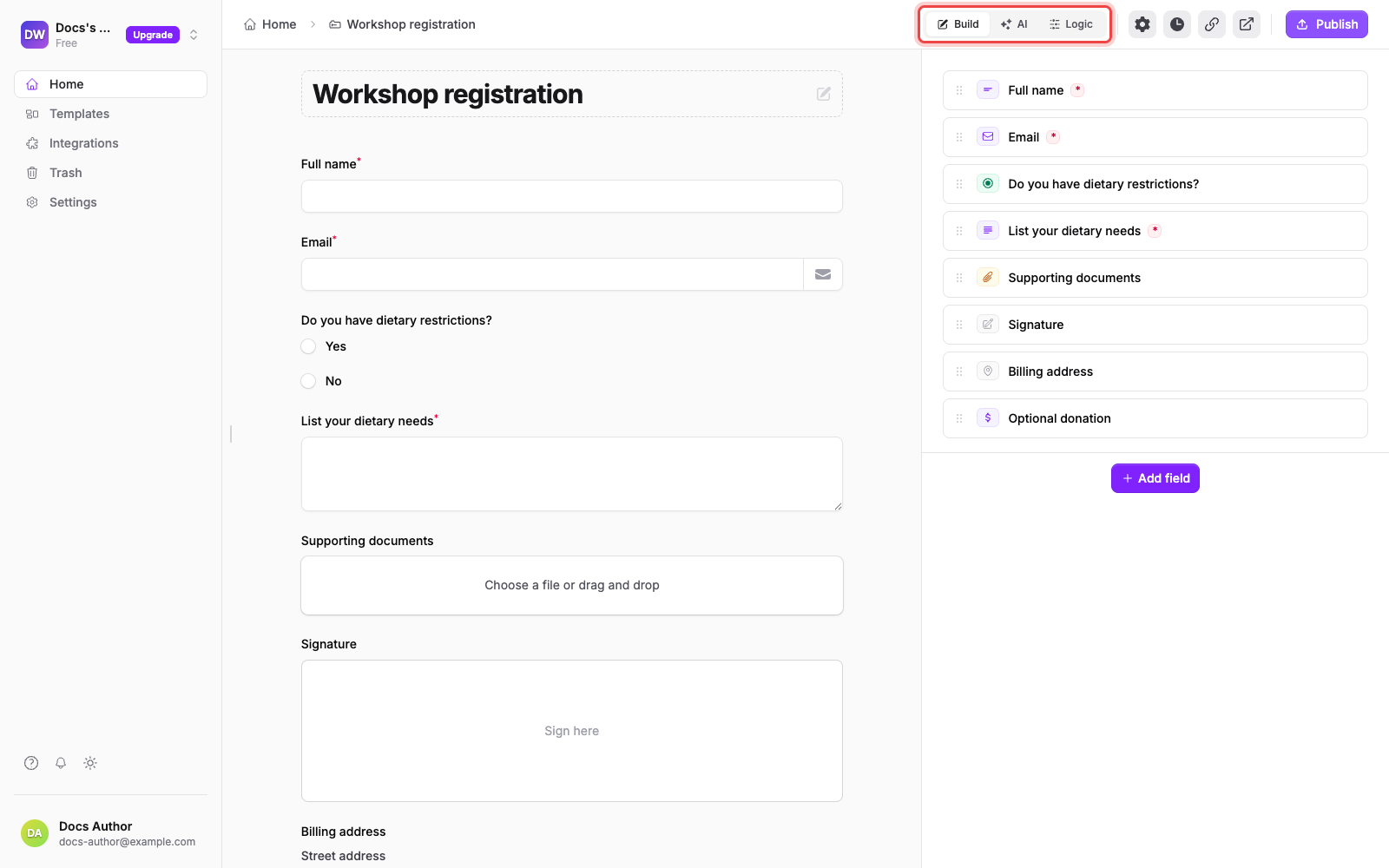 The form builder with the Build, AI, and Logic tabs at the top
