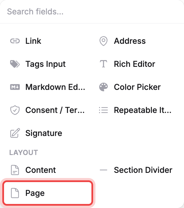 The Add field picker's Layout group, with the Page field outlined