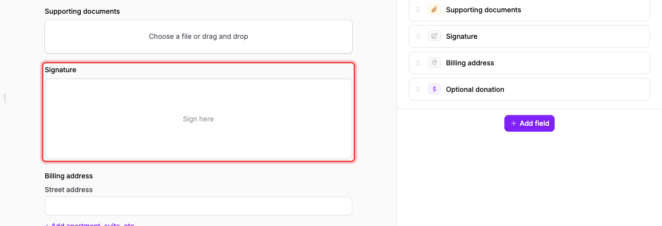 The Signature field in the builder preview, showing the empty signing pad