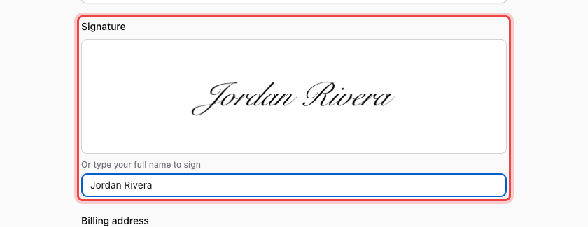 The signature pad on the public form, filled in from a typed name
