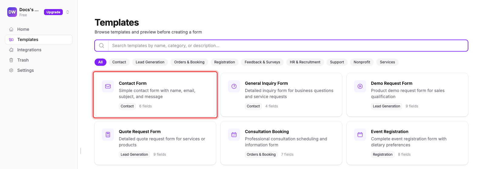 The template gallery with the search box, category filters, and template cards