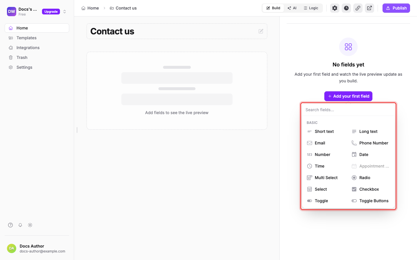 The field picker open in the builder, searching across all field types
