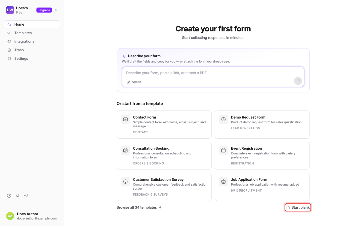 The Home screen offering AI, templates, and the Start blank option