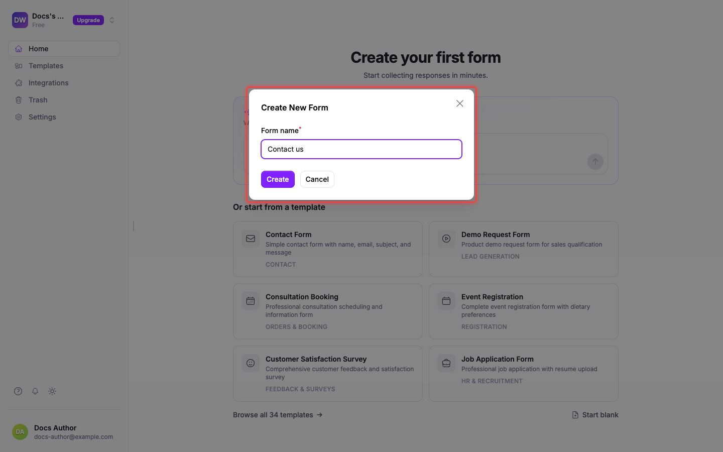 The Create New Form dialog with the form name filled in