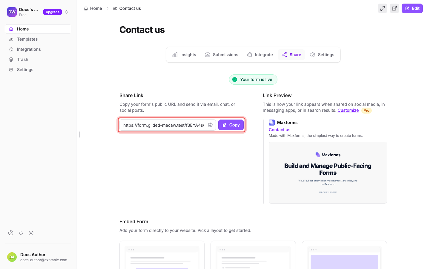 The Share tab with the form's public URL and Copy button