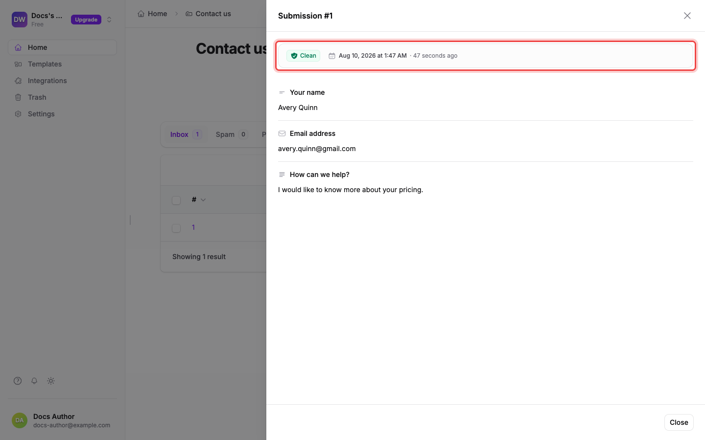 A submission opened in full, showing its status and answers