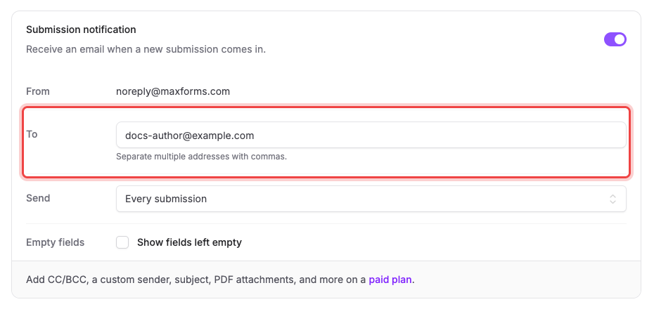 The Submission notification card with the To field highlighted