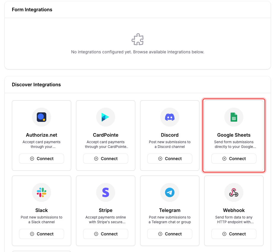 The form's Integrate tab with the Google Sheets card highlighted