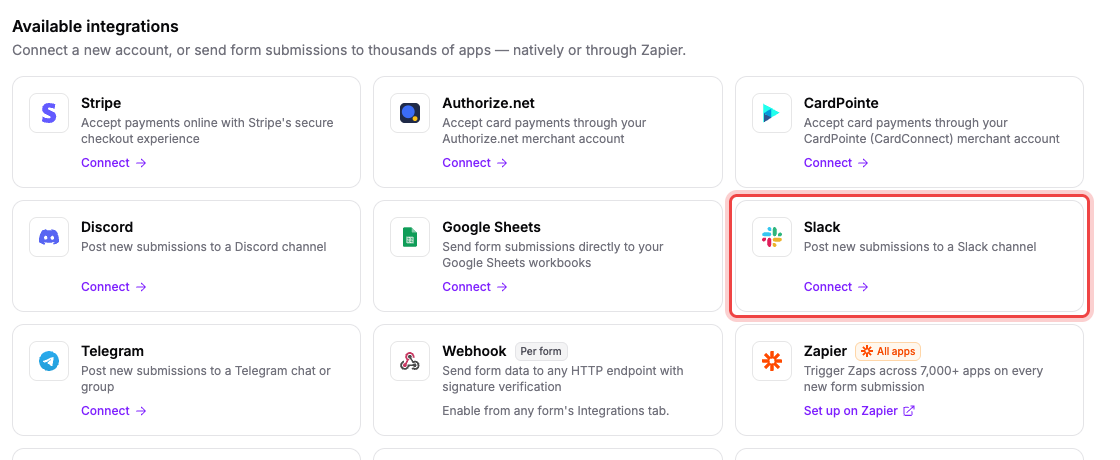 The Integrations page with the Slack card highlighted