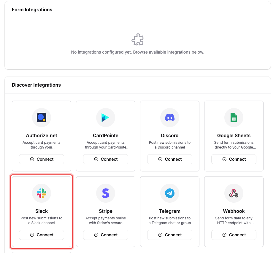 The form's Integrate tab with the Slack card highlighted