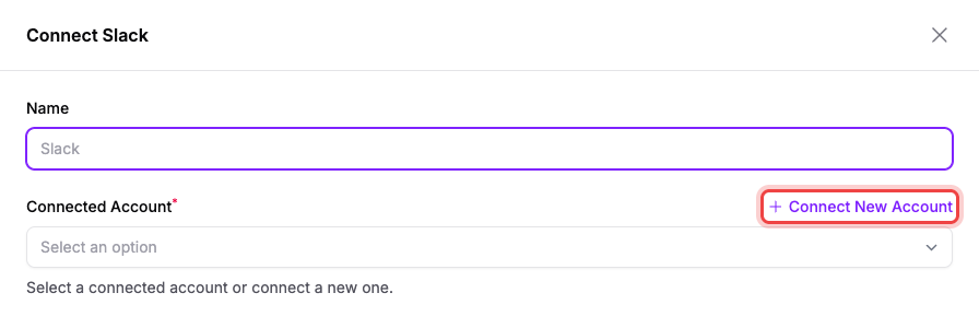 The Connect Slack panel with the Connect New Account link highlighted