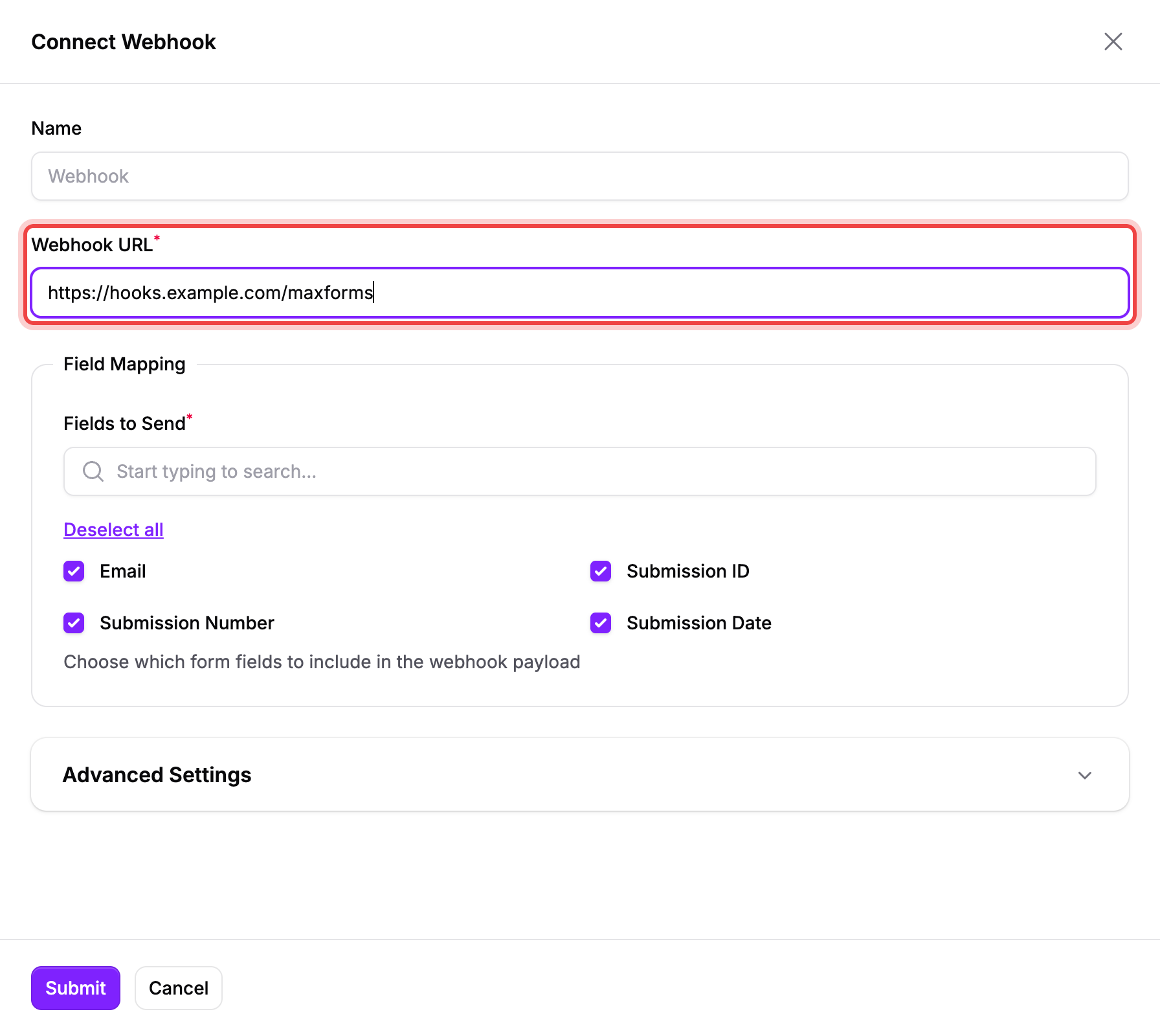 The Connect Webhook form with the Webhook URL field highlighted