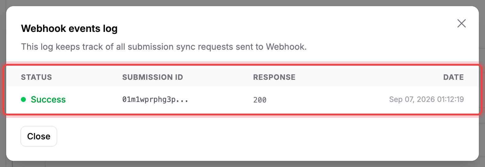 The Webhook events log listing a successful delivery