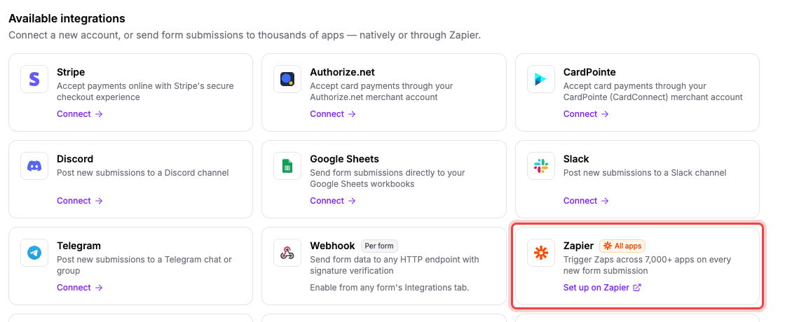 The Integrations page with the Zapier card highlighted