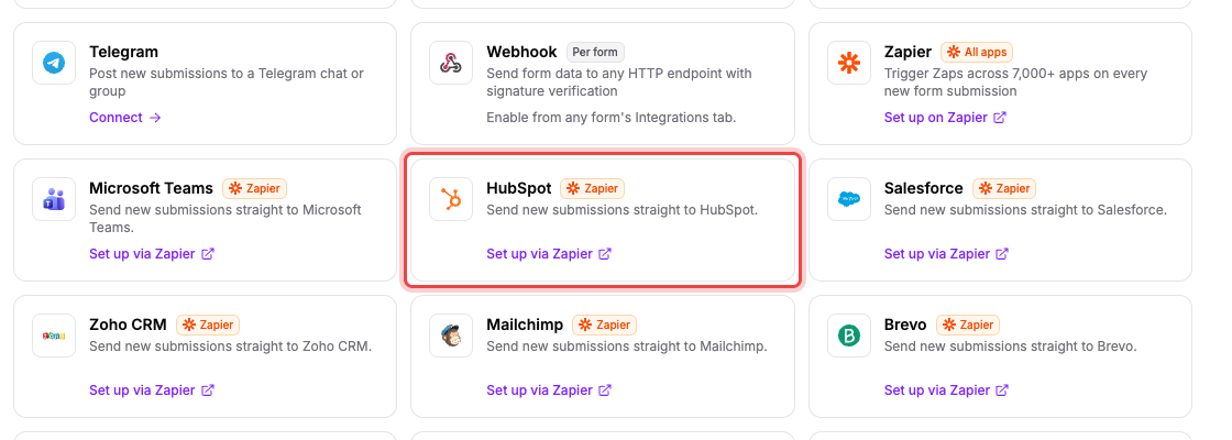 The Integrations page showing the Zapier signpost cards
