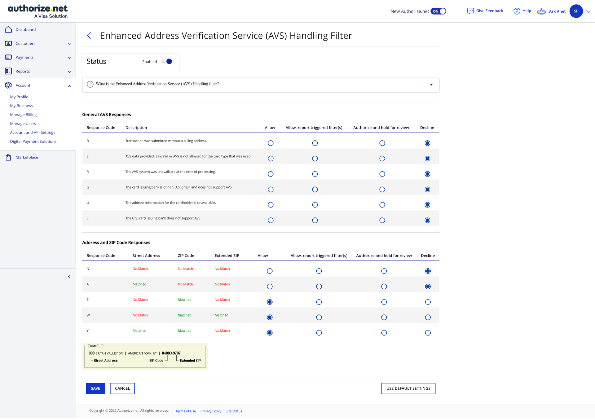 The Enhanced AVS Handling Filter response table in the Authorize.net Merchant Interface