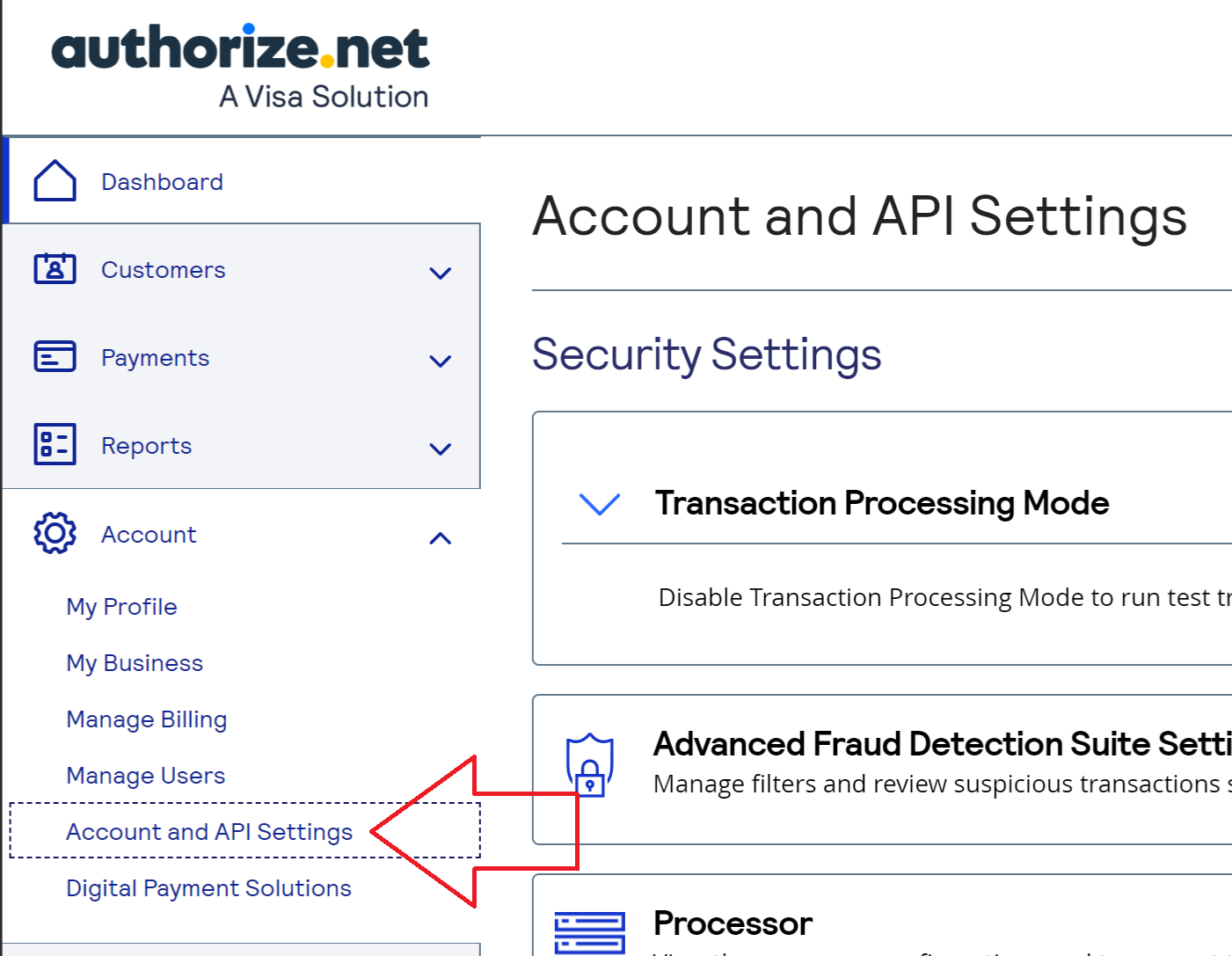 The Authorize.net sidebar with Account expanded and Account and API Settings highlighted