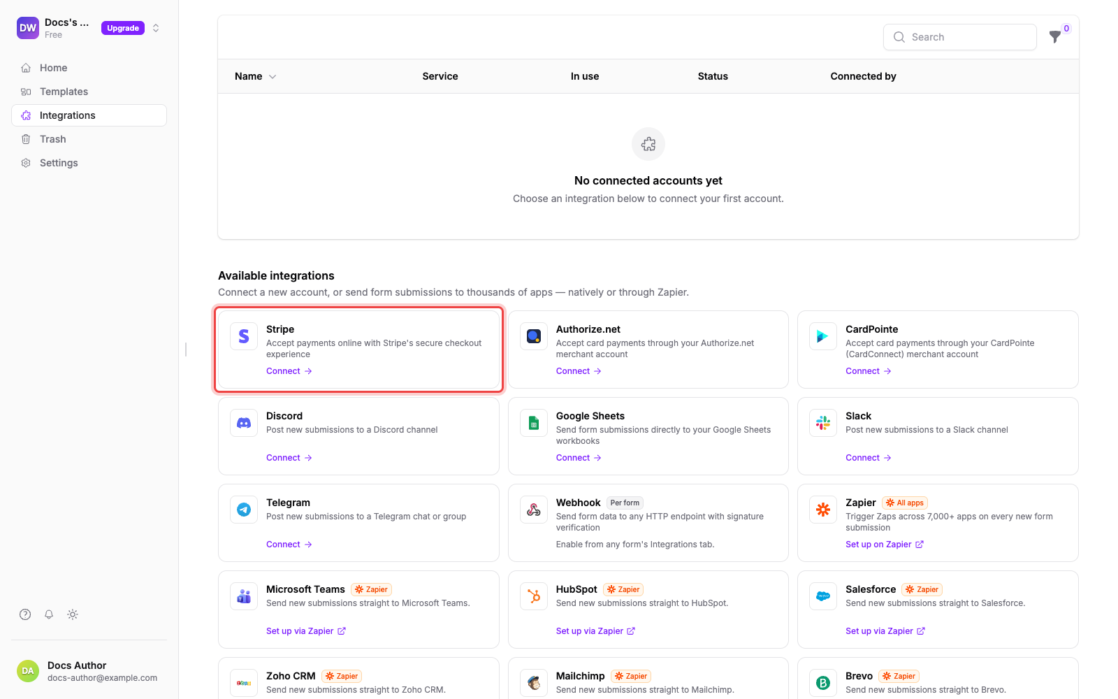The Integrations page with the Stripe card and its Connect link