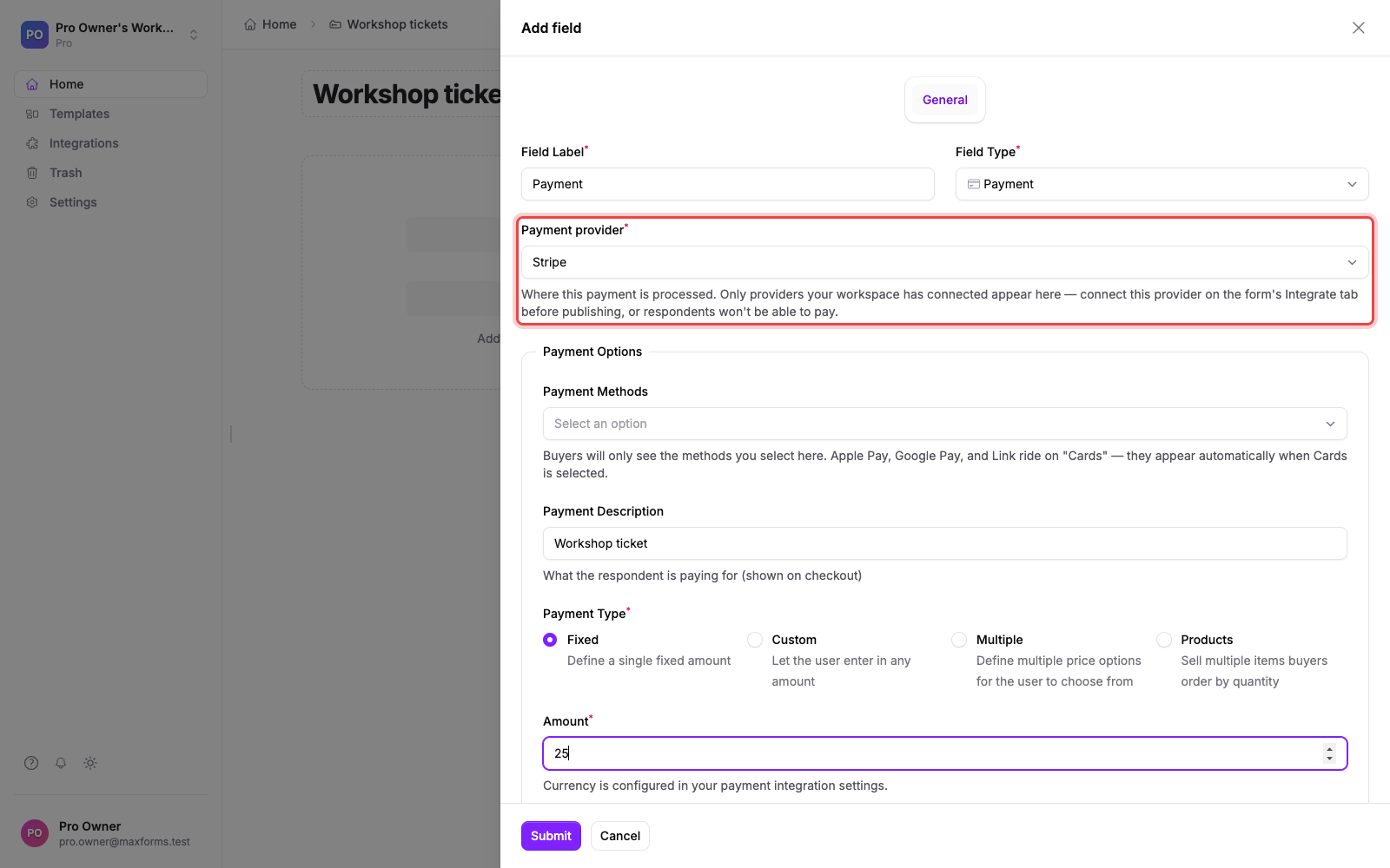 The Payment field settings with the provider set to Stripe