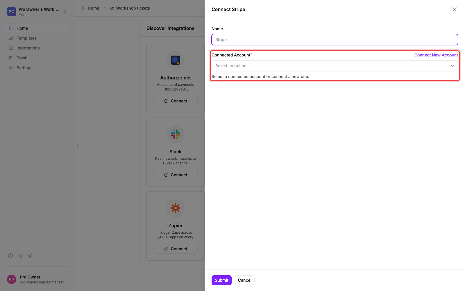 The Connect Stripe panel with the Connected Account picker