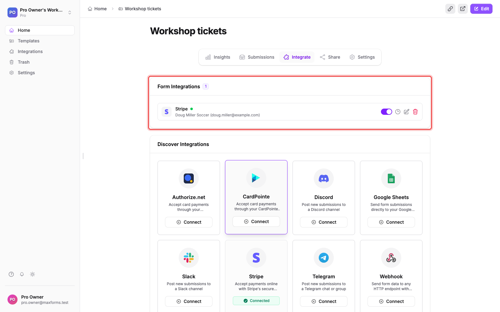 The Integrate tab showing Stripe active under Form Integrations