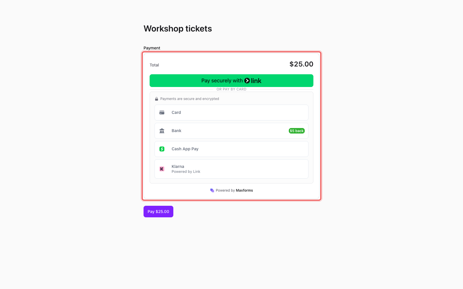 The published form with the total and Stripe's secure payment methods