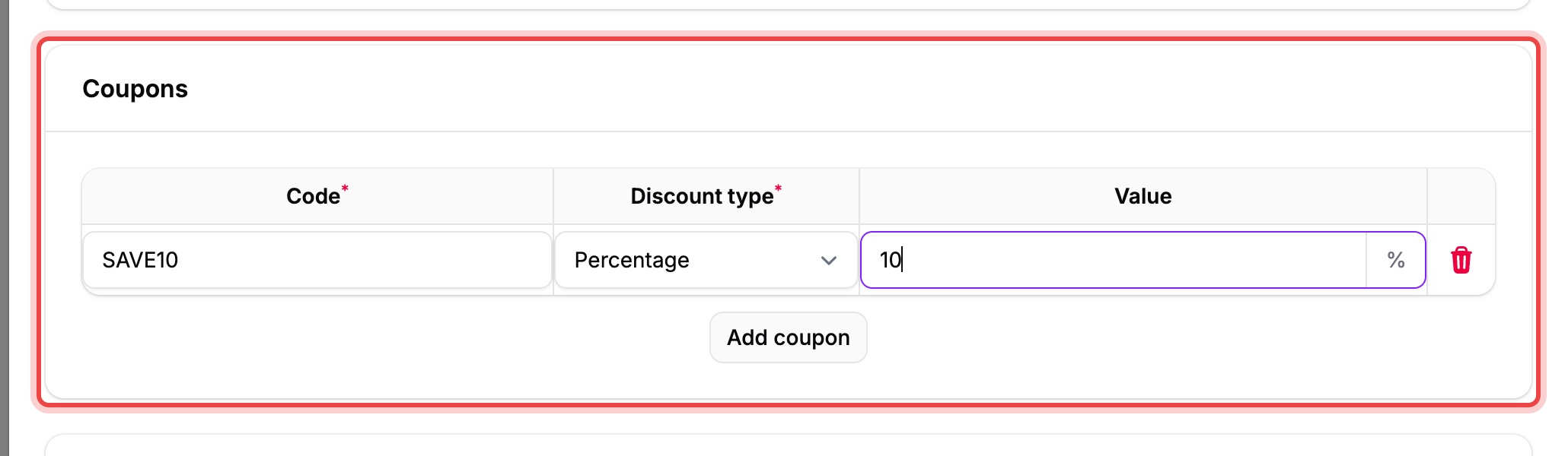 The Coupons section with a coupon code SAVE10 set to a 10 percent Percentage discount