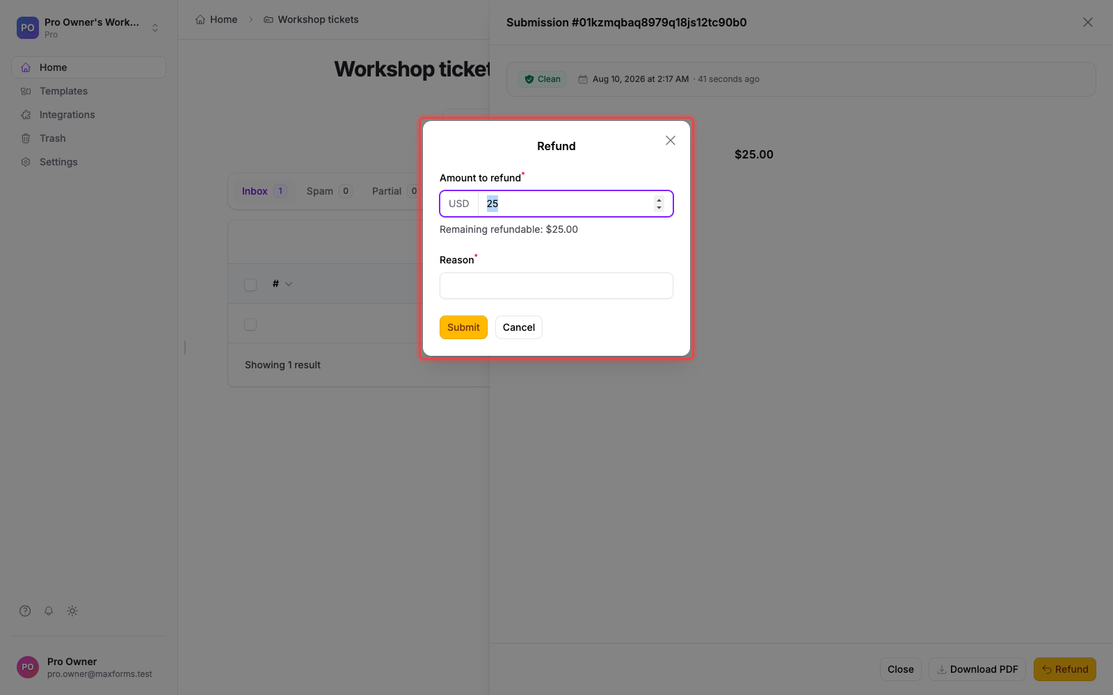 The Refund panel with the amount and reason fields