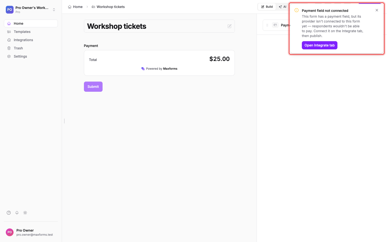 The publish warning telling you the payment field's provider isn't connected