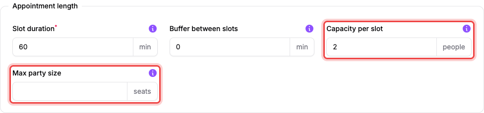 Appointment length settings showing Slot duration, Buffer between slots, Capacity per slot, and Max party size