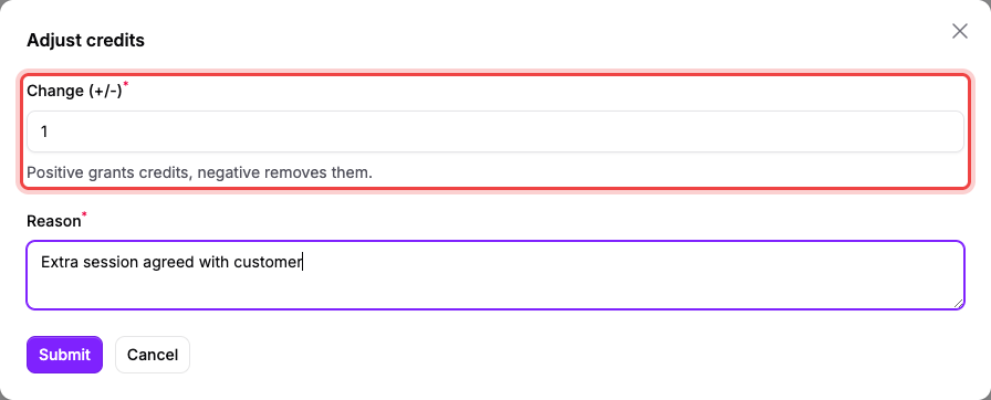 The Adjust credits form with a draft increase of one and its reason