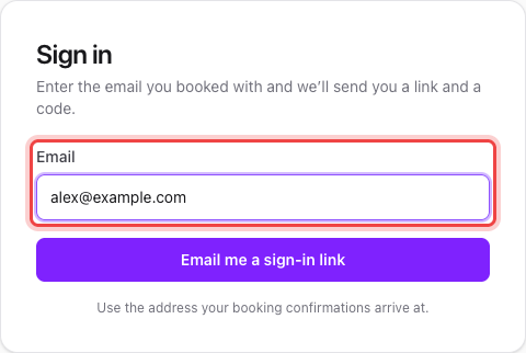 The customer portal sign-in form with an email entered